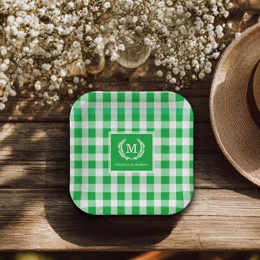 Green Gingham Monogram Crest Custom Papieren Bordje