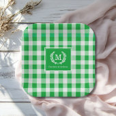 Green Gingham Monogram Crest Custom Papieren Bordje