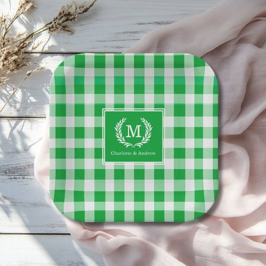 Green Gingham Monogram Crest Custom Papieren Bordje