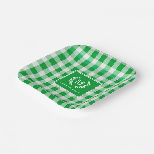 Green Gingham Monogram Crest Custom Papieren Bordje (Gebogen)