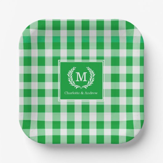 Green Gingham Monogram Crest Custom Papieren Bordje (Voorkant)