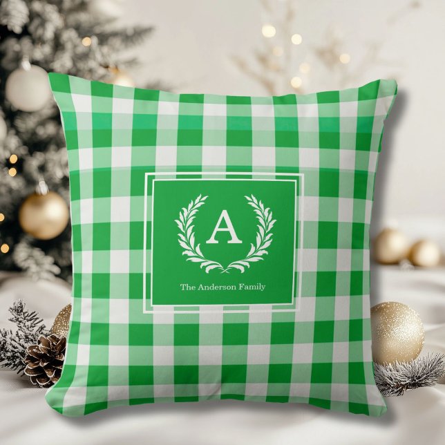 Green Gingham Monogram Crest Kussen (Green Gingham Monogram Crest Throw Pillow)