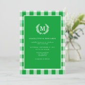 Green Gingham Monogram Crest QR-code Kaart (Staand voorkant)