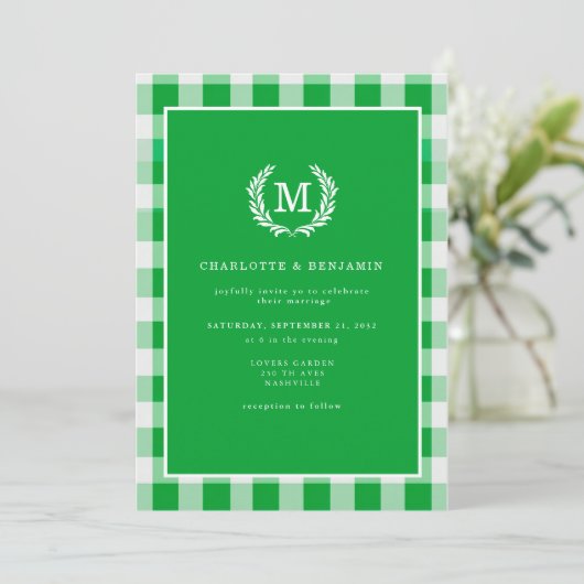 Green Gingham Monogram Crest QR-code Kaart (Staand voorkant)