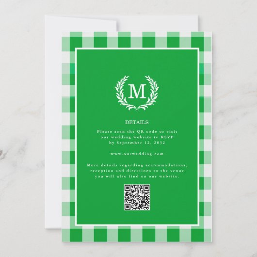 Green Gingham Monogram Crest QR-code Kaart (Achterkant)