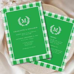 Green Gingham Monogram Crest QR-code Kaart