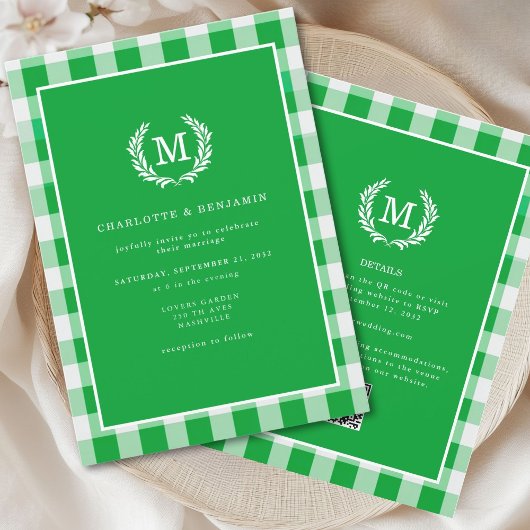 Green Gingham Monogram Crest QR-code Kaart