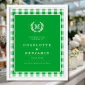 Green Gingham Monogram Crest Wedding Welkom Poster