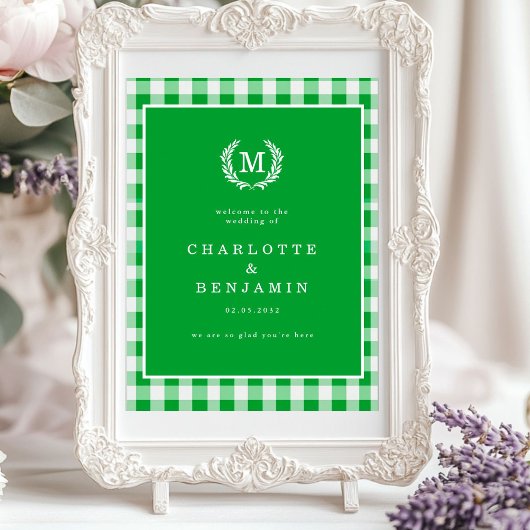 Green Gingham Monogram Crest Wedding Welkom Poster