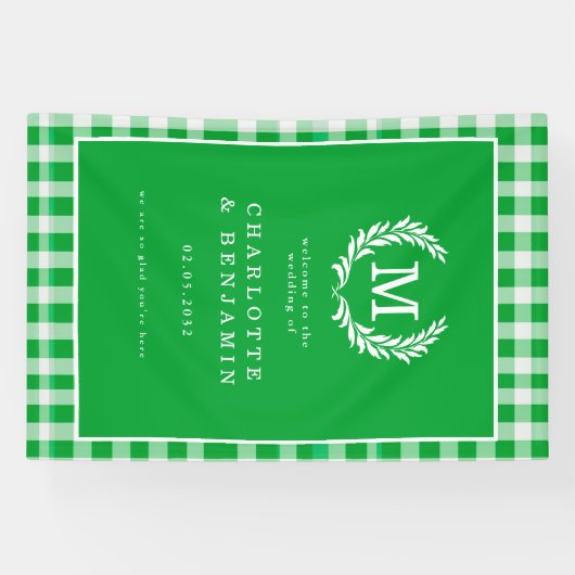 Green Gingham Monogram Crest Wedding Welkom Spandoek (Horizontaal)