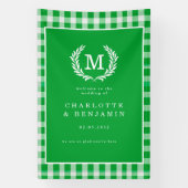 Green Gingham Monogram Crest Wedding Welkom Spandoek (Verticaal)