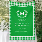 Green Gingham Monogram Crest Wedding Welkom Spandoek