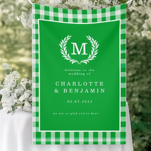 Green Gingham Monogram Crest Wedding Welkom Spandoek
