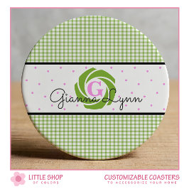 Green Gingham Monogram Ronde Kartonnen Onderzetter