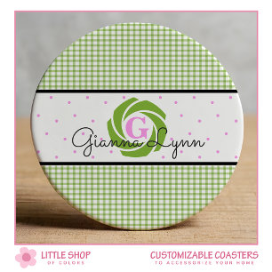Green Gingham Monogrammed Ronde Kartonnen Onderzetter