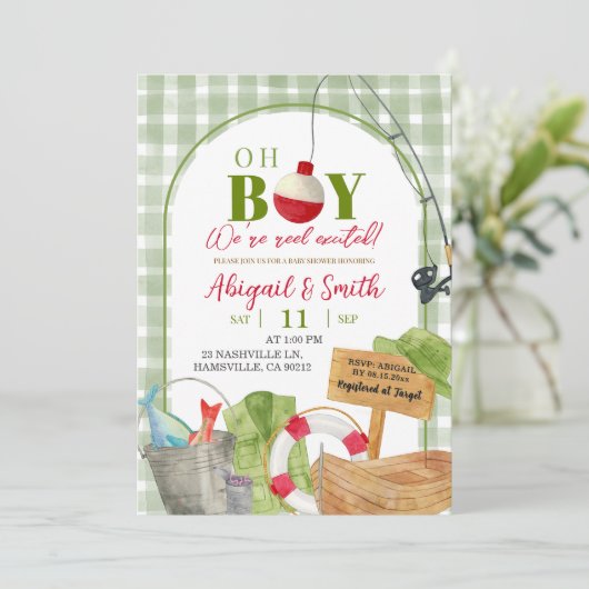 Green Gingham Oh Boy Gevist Baby shower Kaart (Staand voorkant)