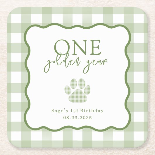 Green Gingham One Golden Year First Birthday Kartonnen Onderzetters (Voorkant)
