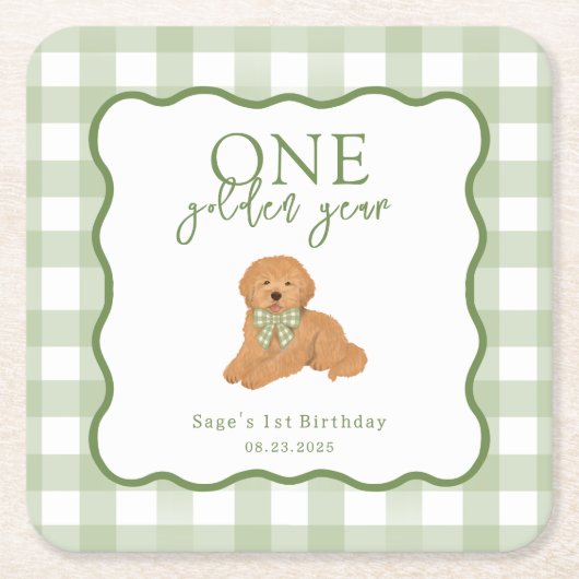 Green Gingham One Golden Year First Birthday Kartonnen Onderzetters (Voorkant)