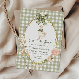 Green Gingham One Silly Goose 1st Birthday Kaart