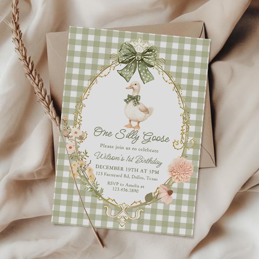 Green Gingham One Silly Goose 1st Birthday Kaart