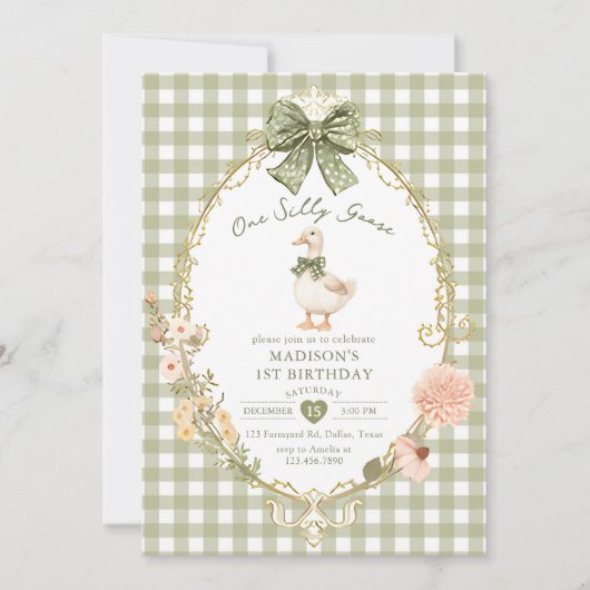 Green Gingham One Silly Goose 1st Birthday Kaart (Voorkant)