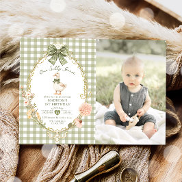 Green Gingham One Silly Goose 1st Birthday Photo Kaart