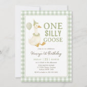 Green Gingham One Silly Goose Birthday Invitation Kaart (Voorkant)