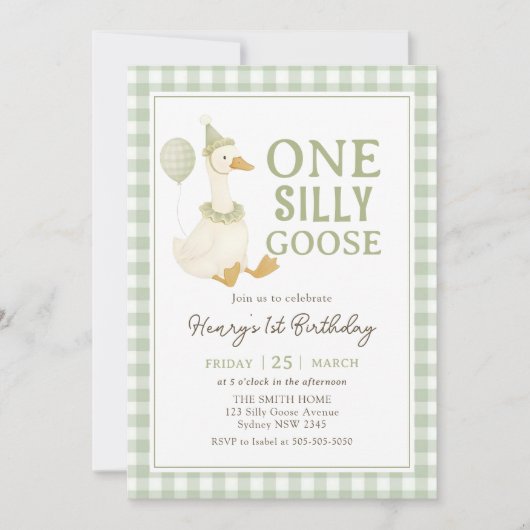 Green Gingham One Silly Goose Birthday Invitation Kaart (Voorkant)