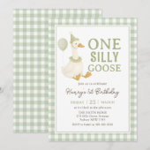 Green Gingham One Silly Goose Birthday Invitation Kaart (Voorkant / Achterkant)