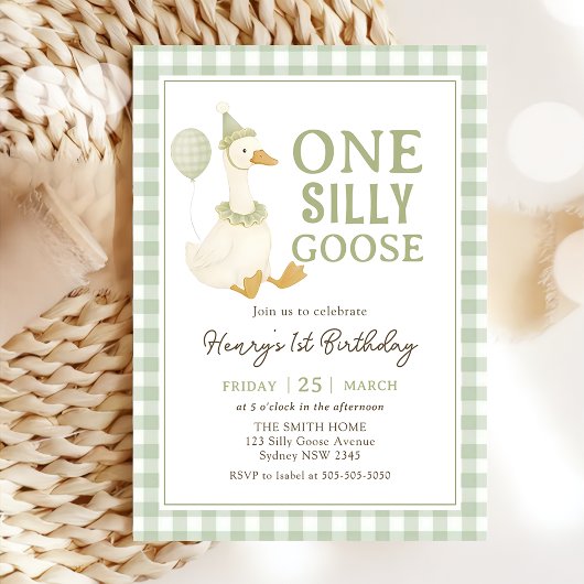 Green Gingham One Silly Goose Birthday Invitation Kaart