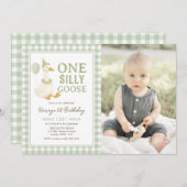 Green Gingham One Silly Goose Birthday Photo Kaart (Voorkant / Achterkant)