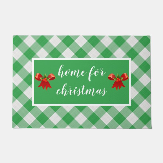 Green Gingham Pattern Home voor Kerstmis Aangepast Deurmat (Voorkant)
