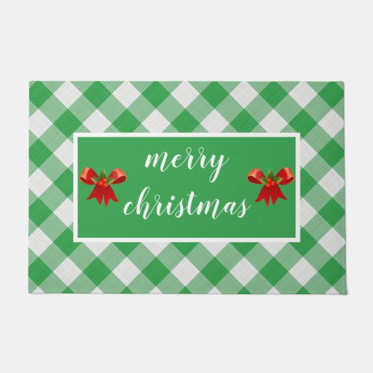 Green Gingham Pattern Merry kerst Custom Deurmat (Voorkant)