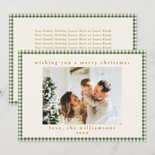 Green Gingham Plaid Custom Fotobrief Kerstmis Feestdagenkaart (Voorkant / Achterkant)