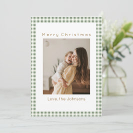 Green Gingham Plaid Custom Photo Christmas Feestdagenkaart