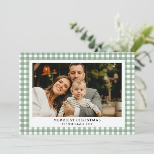  Green Gingham Plaid Foto Kerst Feestdagenkaart (Staand voorkant)