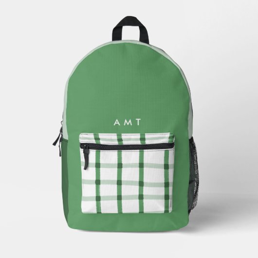 Green Gingham Plaid Gepersonaliseerde Naam Initial Bedrukte Rugzak (Voorkant)