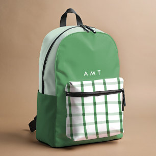 Green Gingham Plaid Gepersonaliseerde Naam Initial Bedrukte Rugzak