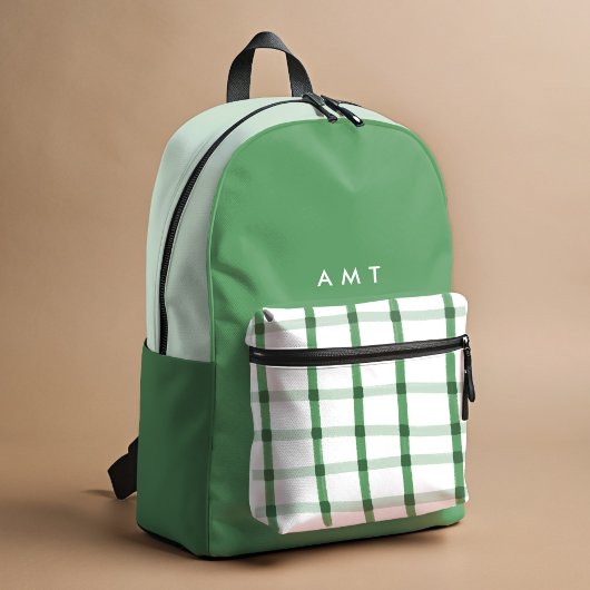 Green Gingham Plaid Gepersonaliseerde Naam Initial Bedrukte Rugzak