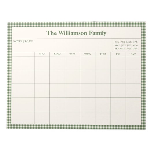 Green Gingham Plaid Month Family Planner Calendar Notitieblok (Voorkant)