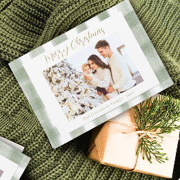 Green Gingham Plaid Waterverf Foto Kerst Feestdagenkaart