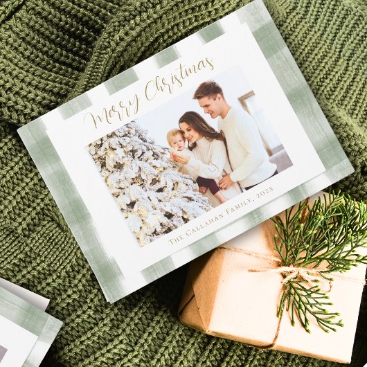 Green Gingham Plaid Waterverf Foto Kerst Feestdagenkaart