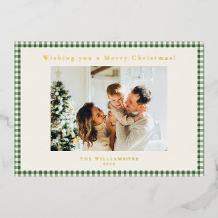Green Gingham Pset Aangepaste kerstfoto Gold Folie Feestdagenkaart