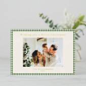 Green Gingham Pset Aangepaste kerstfoto Gold Folie Feestdagenkaart (Staand Voorkant)