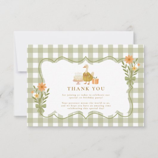  Green Gingham Silly Goose 1st Birthday Bedankkaart (Voorkant)