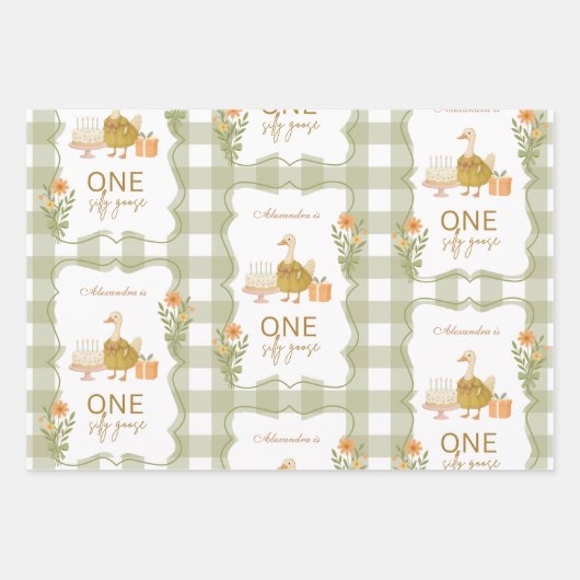 Green Gingham Silly Goose 1st Birthday Inpakpapier Vel (Voorkant 2)