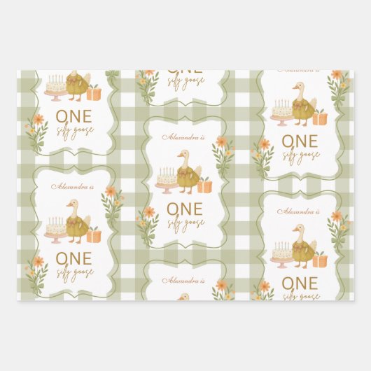 Green Gingham Silly Goose 1st Birthday Inpakpapier Vel (Voorkant)