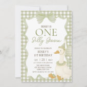 Green Gingham Silly Goose 1st Birthday Invitation Kaart (Voorkant)