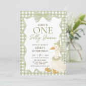 Green Gingham Silly Goose 1st Birthday Invitation Kaart (Staand voorkant)