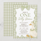 Green Gingham Silly Goose 1st Birthday Invitation Kaart (Voorkant / Achterkant)